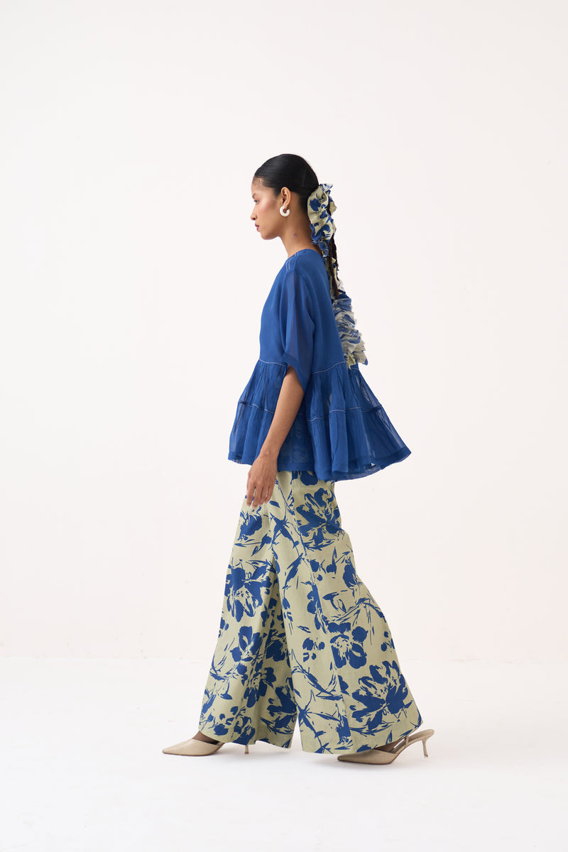 Yoke Gather Top Co-Ord-Cobalt Blue/Soft Moss 100% cotton poplin co-ord set by THREE in cobalt blue for women Worldwide