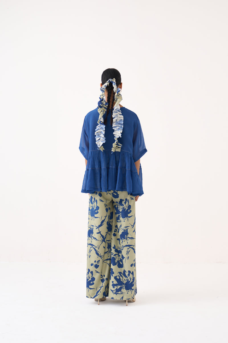 Printed Wide Leg Bottom-Cobalt Blue/Soft Moss 100% cotton poplin pant/trouser by THREE in cobalt blue for women Worldwide