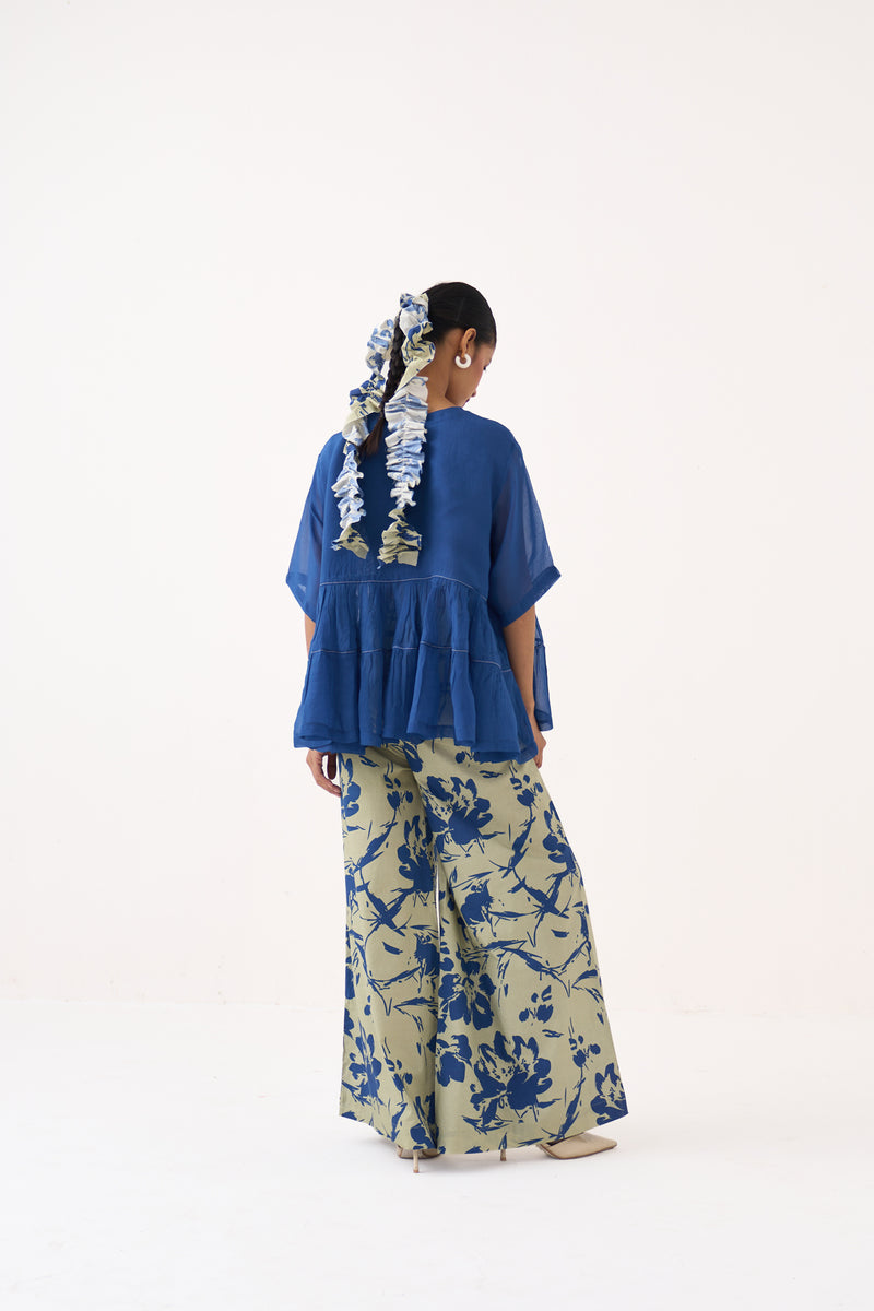Yoke Gather Top-Cobalt Blue organza top/shirt by THREE in cobalt blue for women Worldwide
