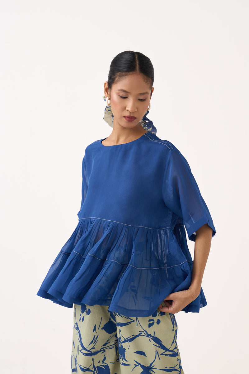 Yoke Gather Top-Cobalt Blue organza top/shirt by THREE in cobalt blue for women Worldwide