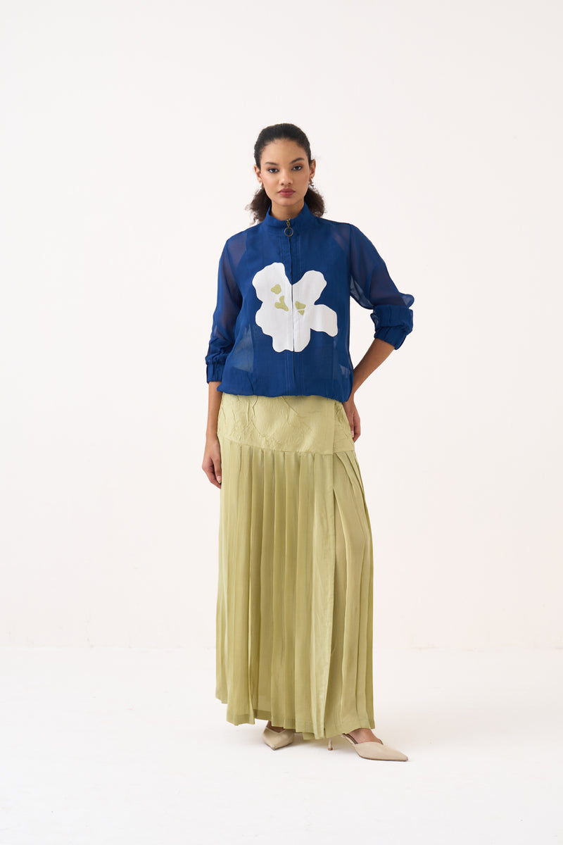 High Neck Floral Apllique Bomber Co-Ord (Included Slip)-Cobalt Blue & Soft Moss organza co-ord set by THREE in cobalt blue for women Worldwide