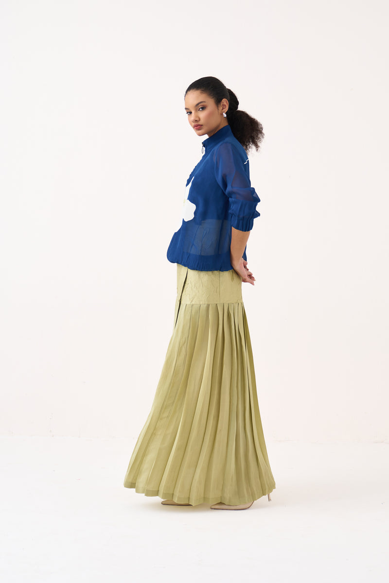 High Neck Floral Apllique Bomber Jacket (Included Slip)-Cobalt Blue organza jacket/overlay by THREE in cobalt blue for women Worldwide