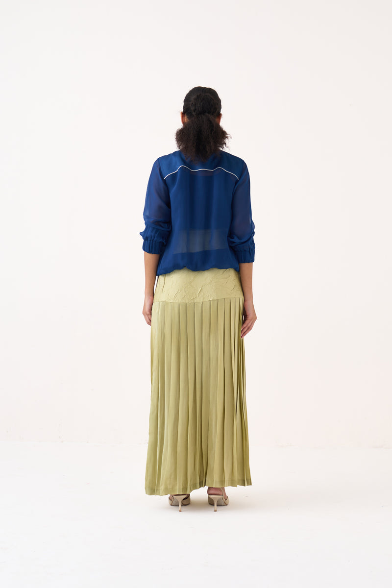 High Neck Floral Apllique Bomber Co-Ord (Included Slip)-Cobalt Blue & Soft Moss organza co-ord set by THREE in cobalt blue for women Worldwide