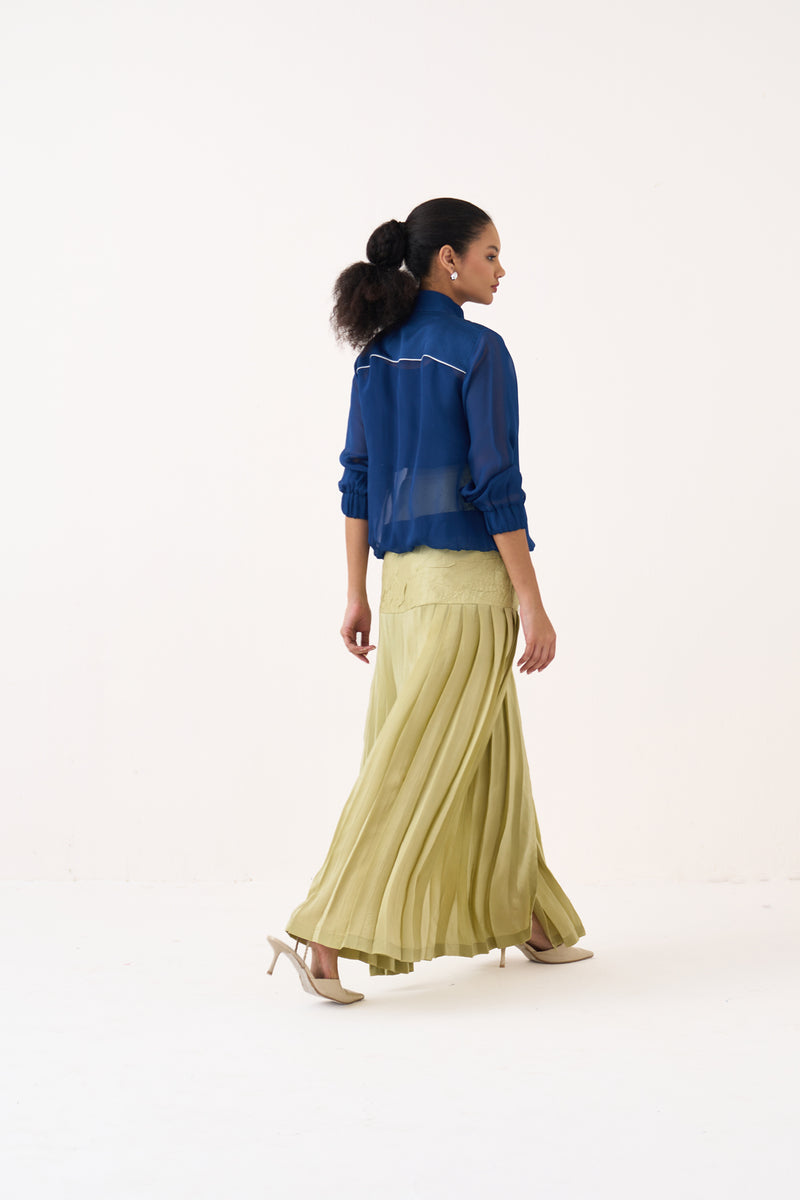 High Neck Floral Apllique Bomber Co-Ord (Included Slip)-Cobalt Blue & Soft Moss organza co-ord set by THREE in cobalt blue for women Worldwide