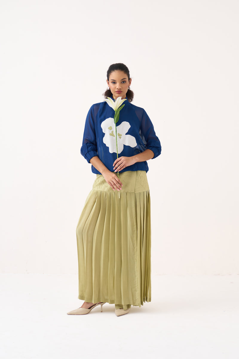 Overlap Pleated Skirt-Soft Moss handwoven cotton mul /silk crepe skirt by THREE in soft moss for women Worldwide