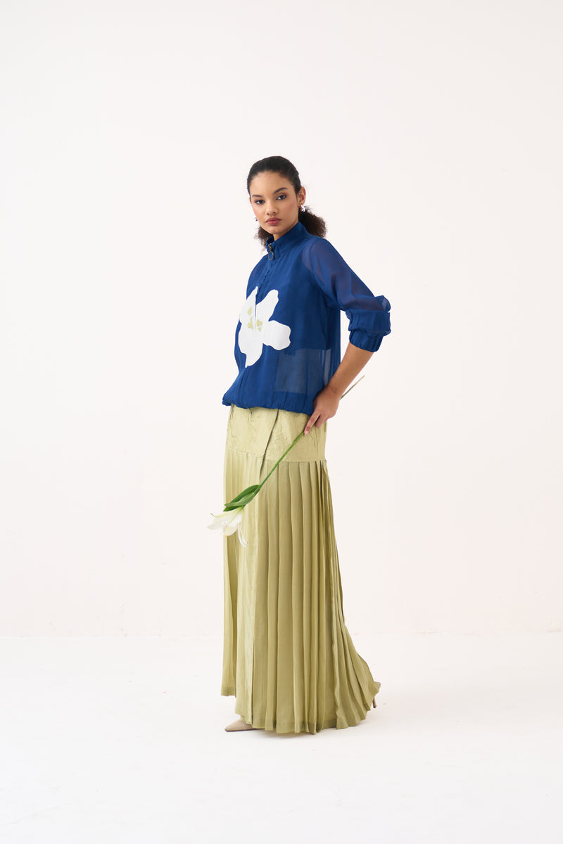 High Neck Floral Apllique Bomber Jacket (Included Slip)-Cobalt Blue organza jacket/overlay by THREE in cobalt blue for women Worldwide