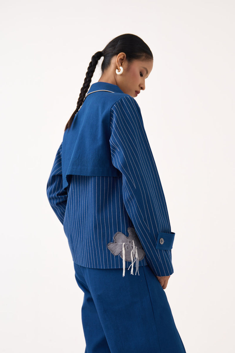Floral Fringe Patch Jacket-Cobalt Blue twill jacket/overlay by THREE in blue for women Worldwide