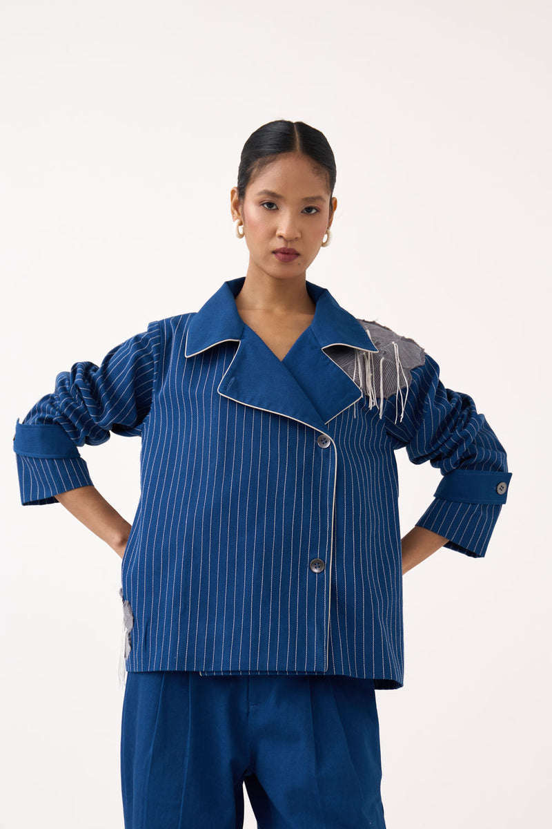 Floral Fringe Patch Jacket-Cobalt Blue twill jacket/overlay by THREE in blue for women Worldwide