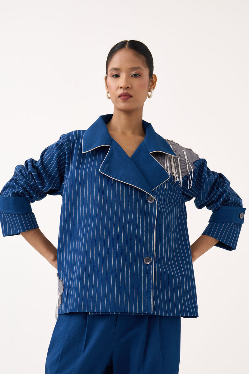 Floral Fringe Patch Jacket-Cobalt Blue twill jacket/overlay by THREE in blue for women Worldwide