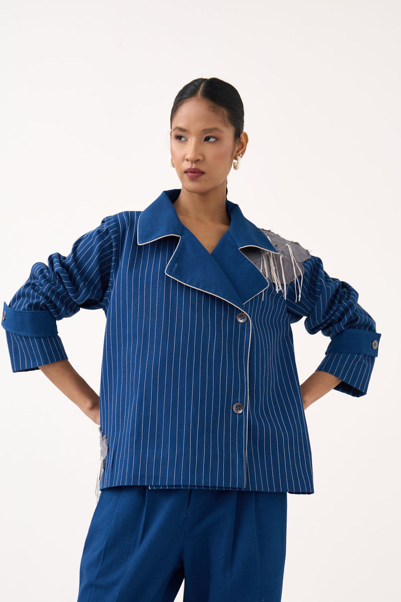 Floral Fringe Patch Jacket-Cobalt Blue twill jacket/overlay by THREE in blue for women Worldwide