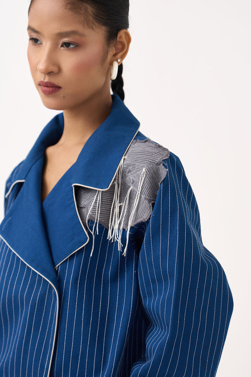Floral Fringe Patch Jacket-Cobalt Blue twill jacket/overlay by THREE in blue for women Worldwide