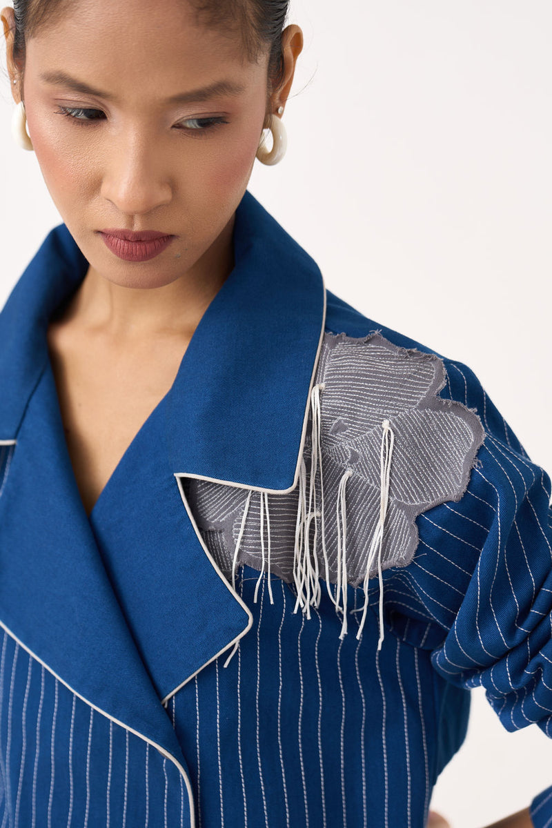Floral Fringe Patch Jacket-Cobalt Blue twill jacket/overlay by THREE in blue for women Worldwide