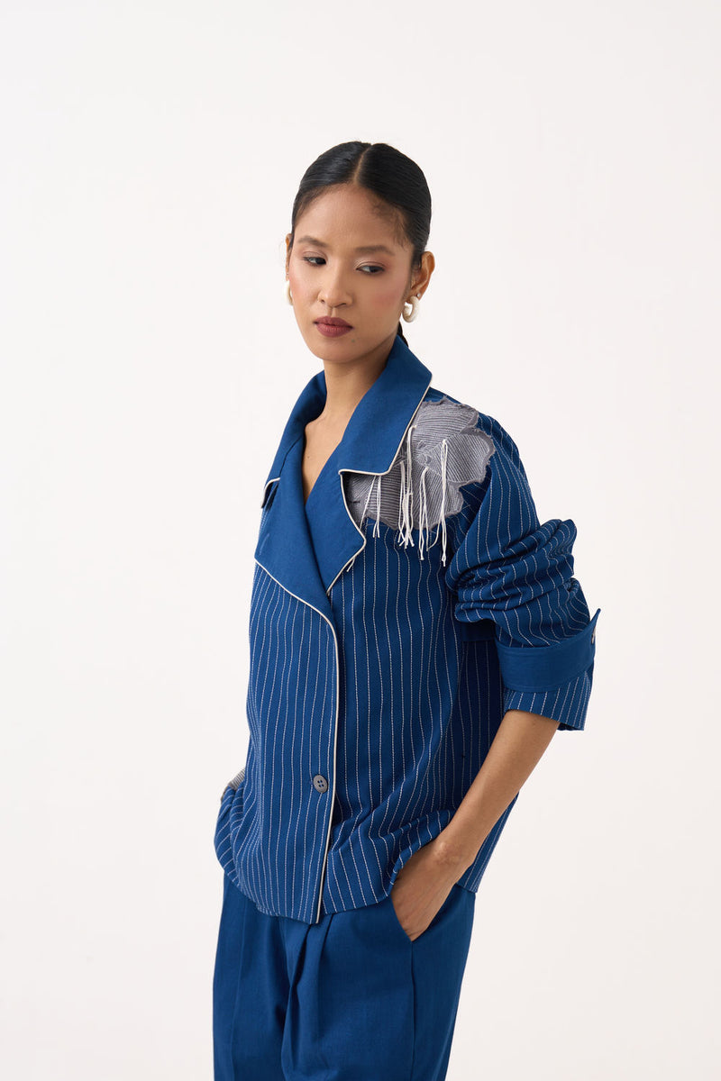 Floral Fringe Patch Jacket-Cobalt Blue twill jacket/overlay by THREE in blue for women Worldwide