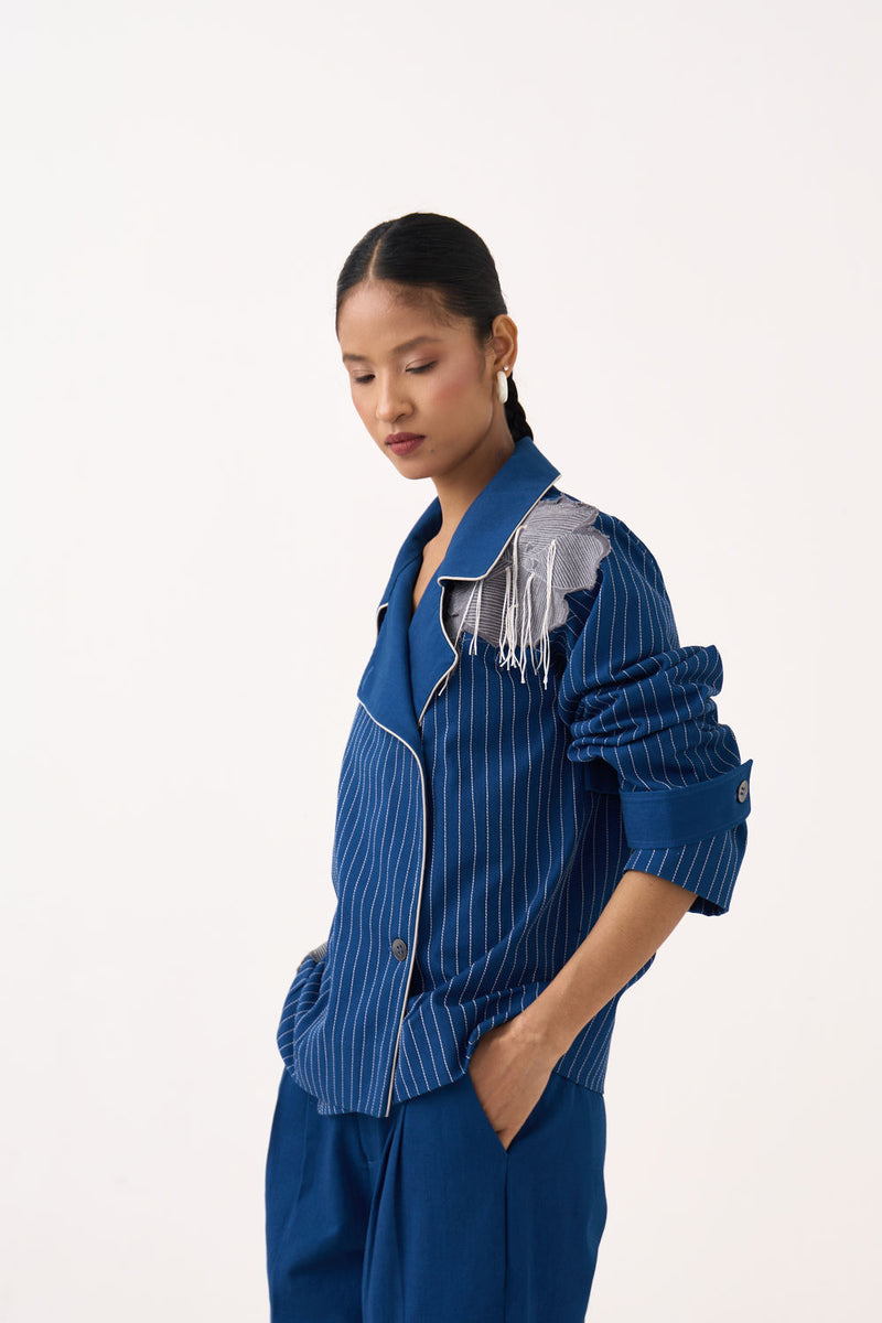 Floral Fringe Patch Jacket-Cobalt Blue twill jacket/overlay by THREE in blue for women Worldwide