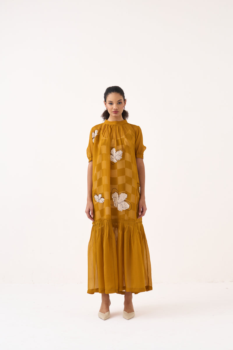 Floral Reversable Applique Bottom Frill Dress (Included Slip)-Honey Mustard organza dress by THREE in honey mustard for women Worldwide