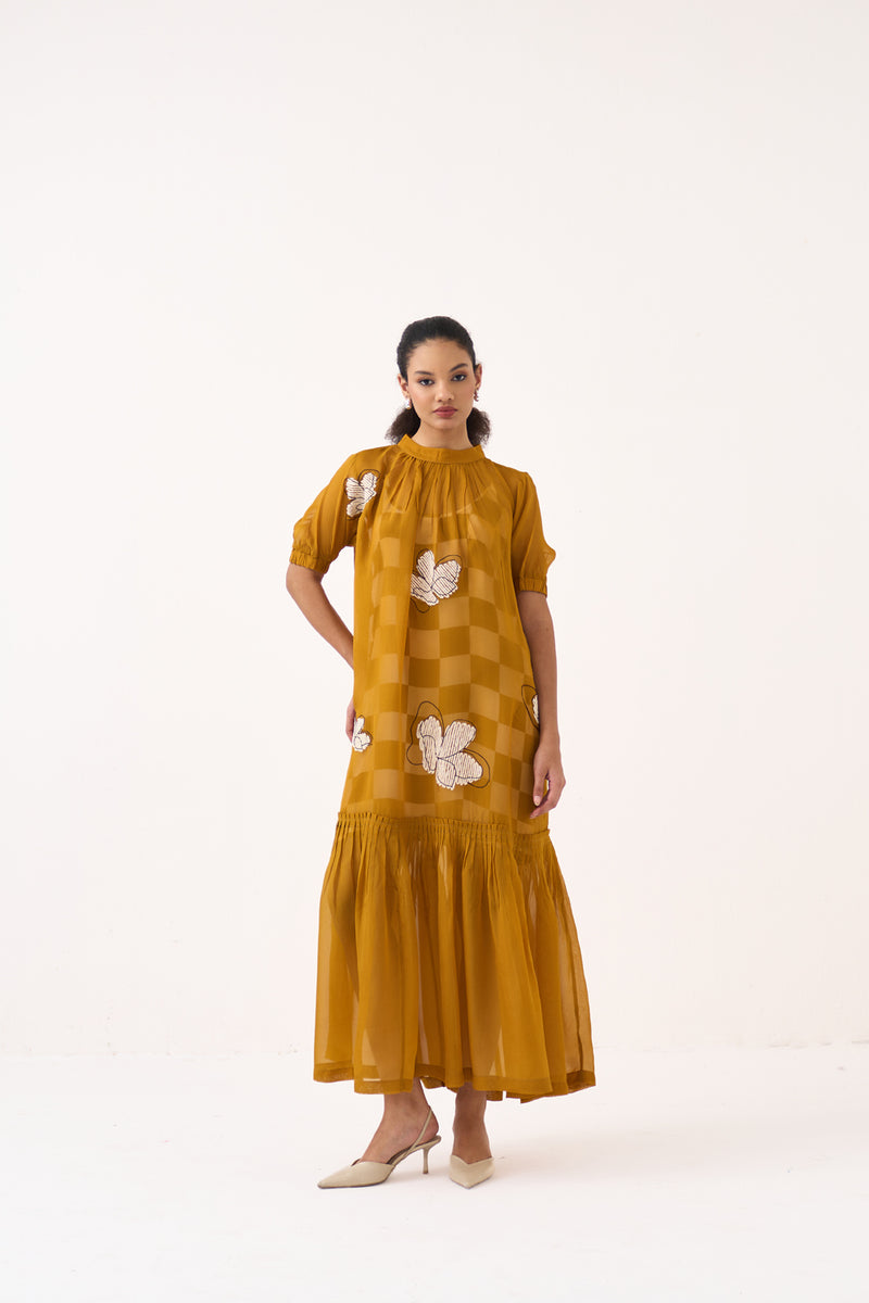 Floral Reversable Applique Bottom Frill Dress (Included Slip)-Honey Mustard organza dress by THREE in honey mustard for women Worldwide