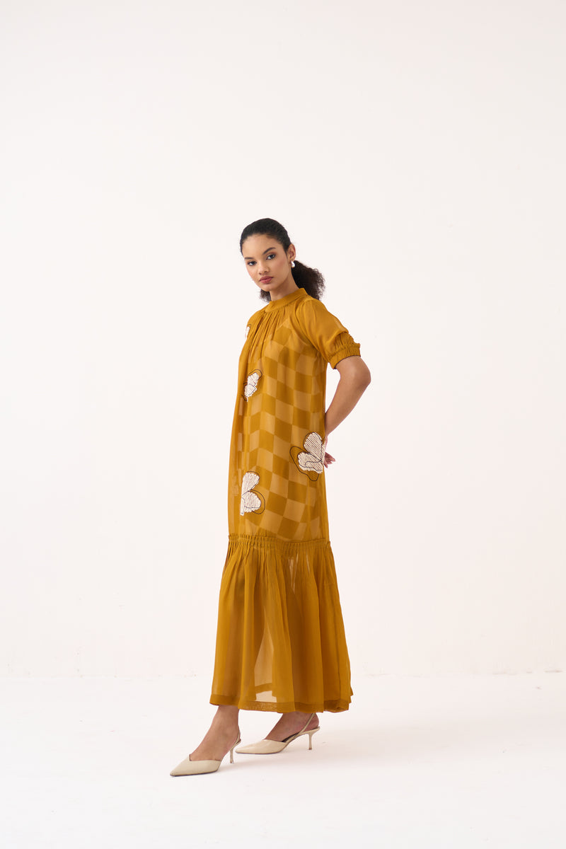 Floral Reversable Applique Bottom Frill Dress (Included Slip)-Honey Mustard organza dress by THREE in honey mustard for women Worldwide