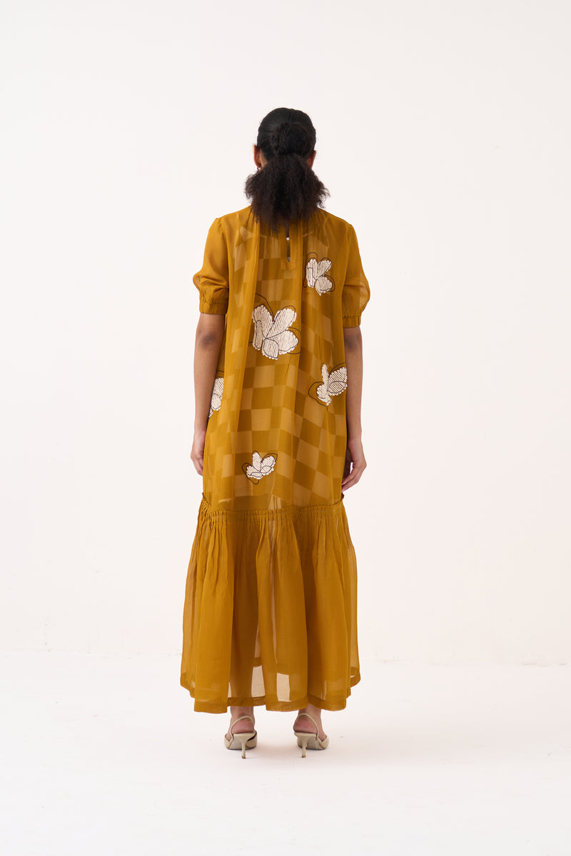 Floral Reversable Applique Bottom Frill Dress (Included Slip)-Honey Mustard organza dress by THREE in honey mustard for women Worldwide
