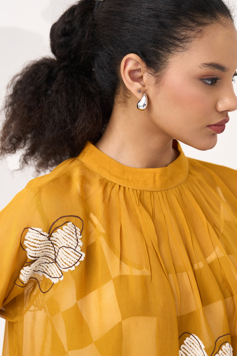 Floral Reversable Applique Bottom Frill Dress (Included Slip)-Honey Mustard organza dress by THREE in honey mustard for women Worldwide