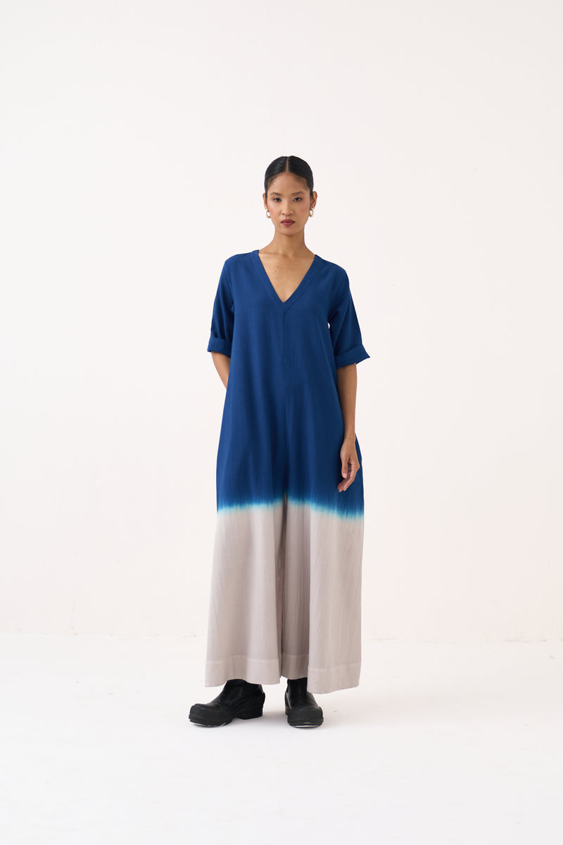 Dip-Dye Jumpsuit-Cobalt Blue and Dove Grey cotton twill jumpsuit by THREE in grey for women Worldwide
