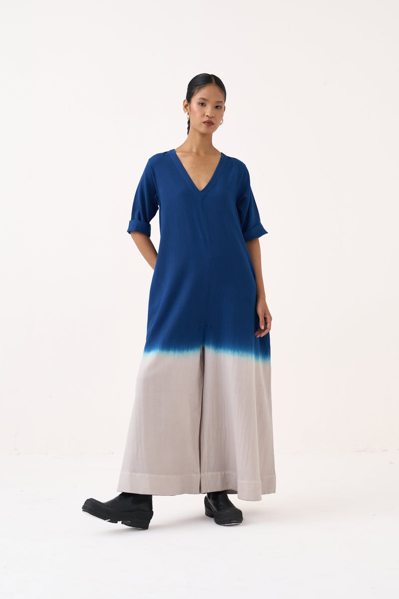 Dip-Dye Jumpsuit-Cobalt Blue and Dove Grey cotton twill jumpsuit by THREE in grey for women Worldwide