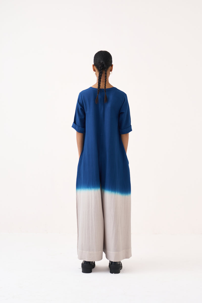 Dip-Dye Jumpsuit-Cobalt Blue and Dove Grey cotton twill jumpsuit by THREE in grey for women Worldwide