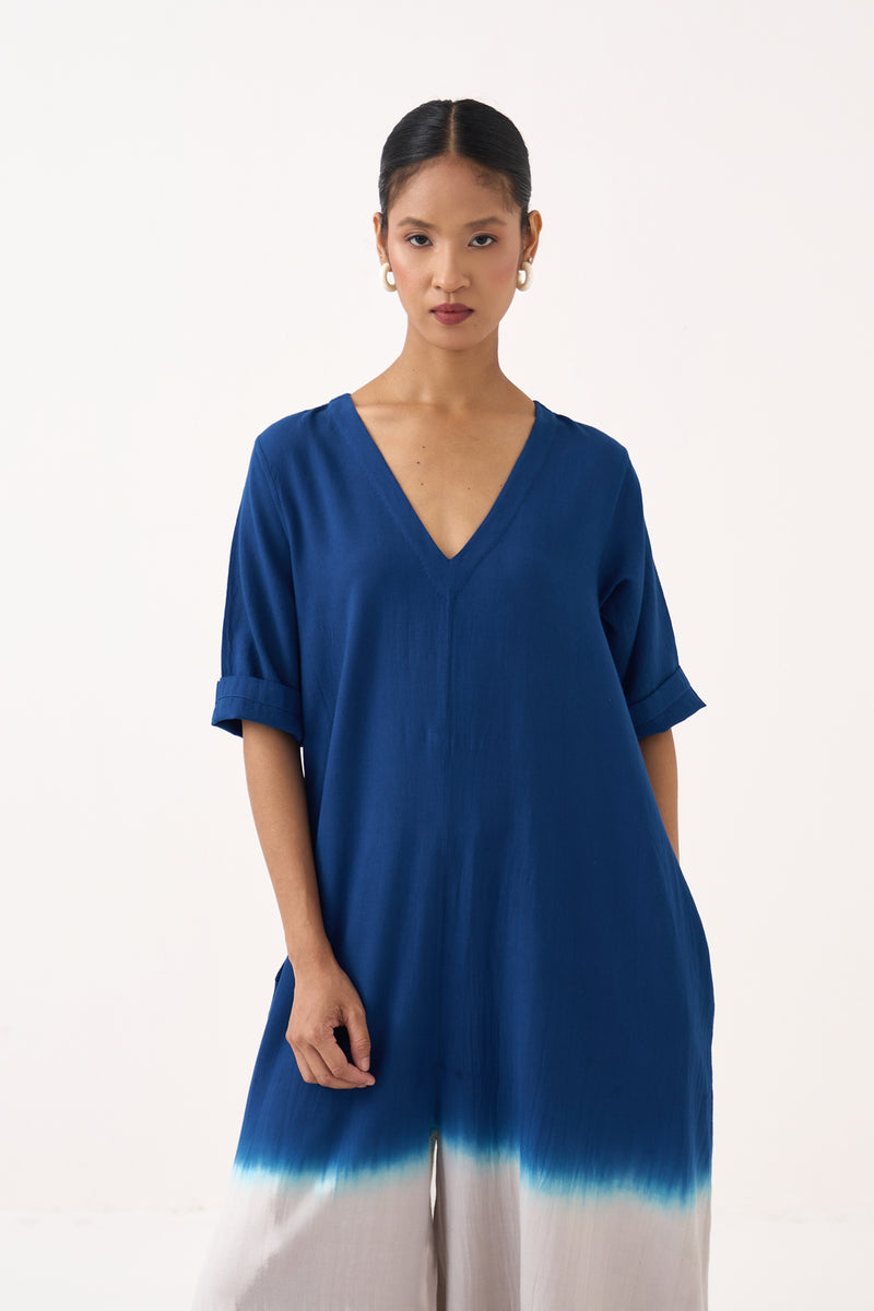 Dip-Dye Jumpsuit-Cobalt Blue and Dove Grey cotton twill jumpsuit by THREE in grey for women Worldwide