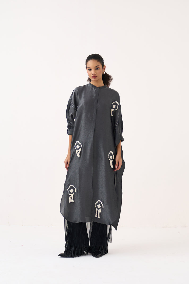 Fringe Bat Sleeve Dress (Slip Included)-Graphite metallic tissue dress by THREE in grey for women Worldwide