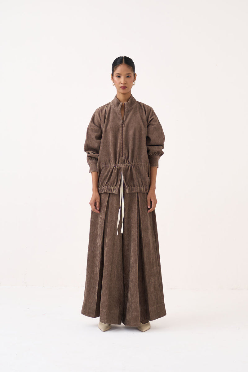 Corduroy Drawstring Top-Umber corduroy top/shirt by THREE in brown for women Worldwide