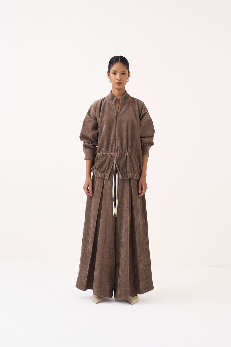 Corduroy Drawstring Top Co-Ord (Set Of 2)-Umber corduroy co-ord set by THREE in brown for women Worldwide