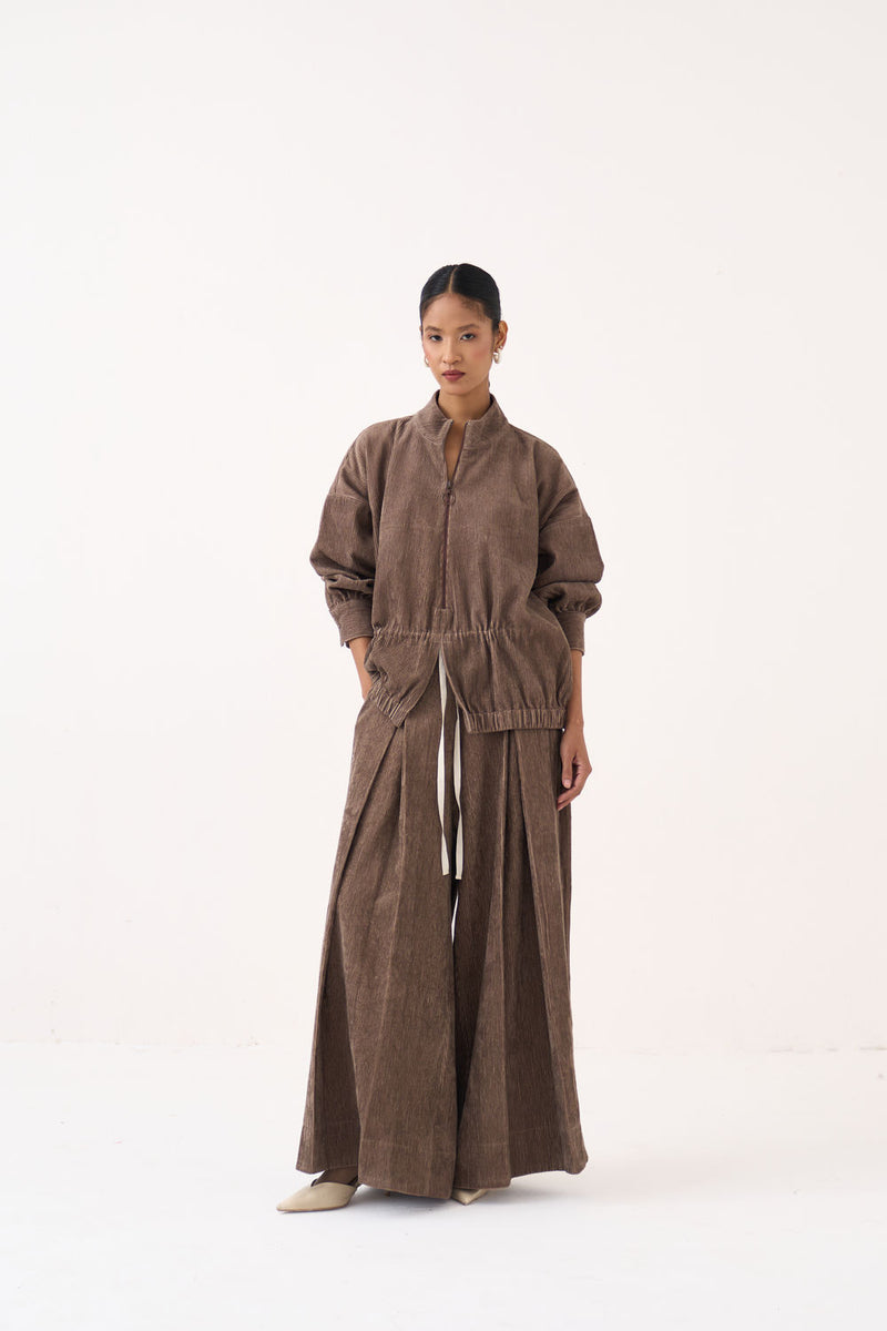 Corduroy Drawstring Top Co-Ord (Set Of 2)-Umber corduroy co-ord set by THREE in brown for women Worldwide