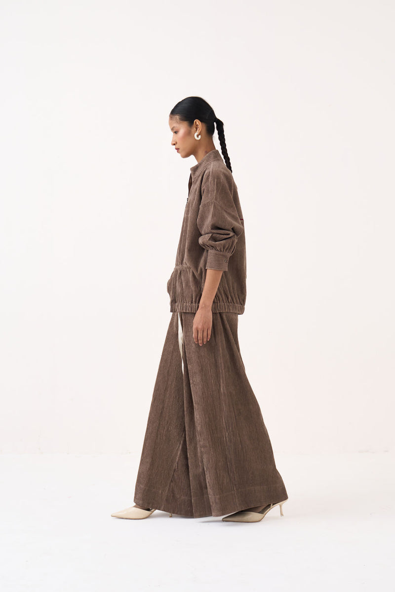 Corduroy Drawstring Top Co-Ord (Set Of 2)-Umber corduroy co-ord set by THREE in brown for women Worldwide