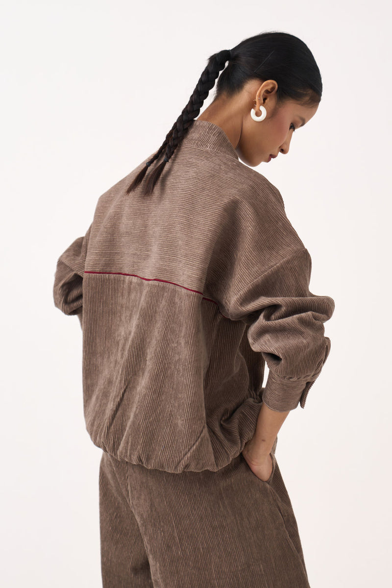Corduroy Drawstring Top Co-Ord (Set Of 2)-Umber corduroy co-ord set by THREE in brown for women Worldwide