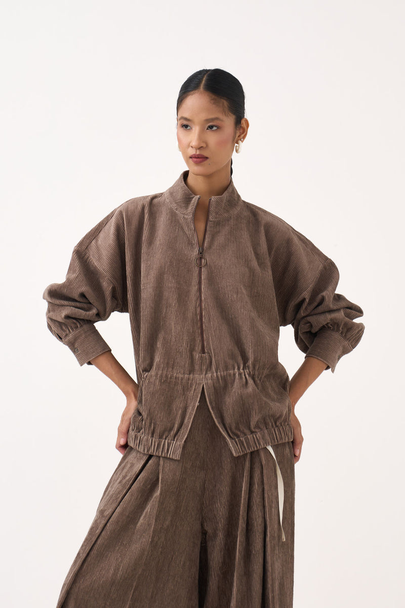 Corduroy Drawstring Top Co-Ord (Set Of 2)-Umber corduroy co-ord set by THREE in brown for women Worldwide