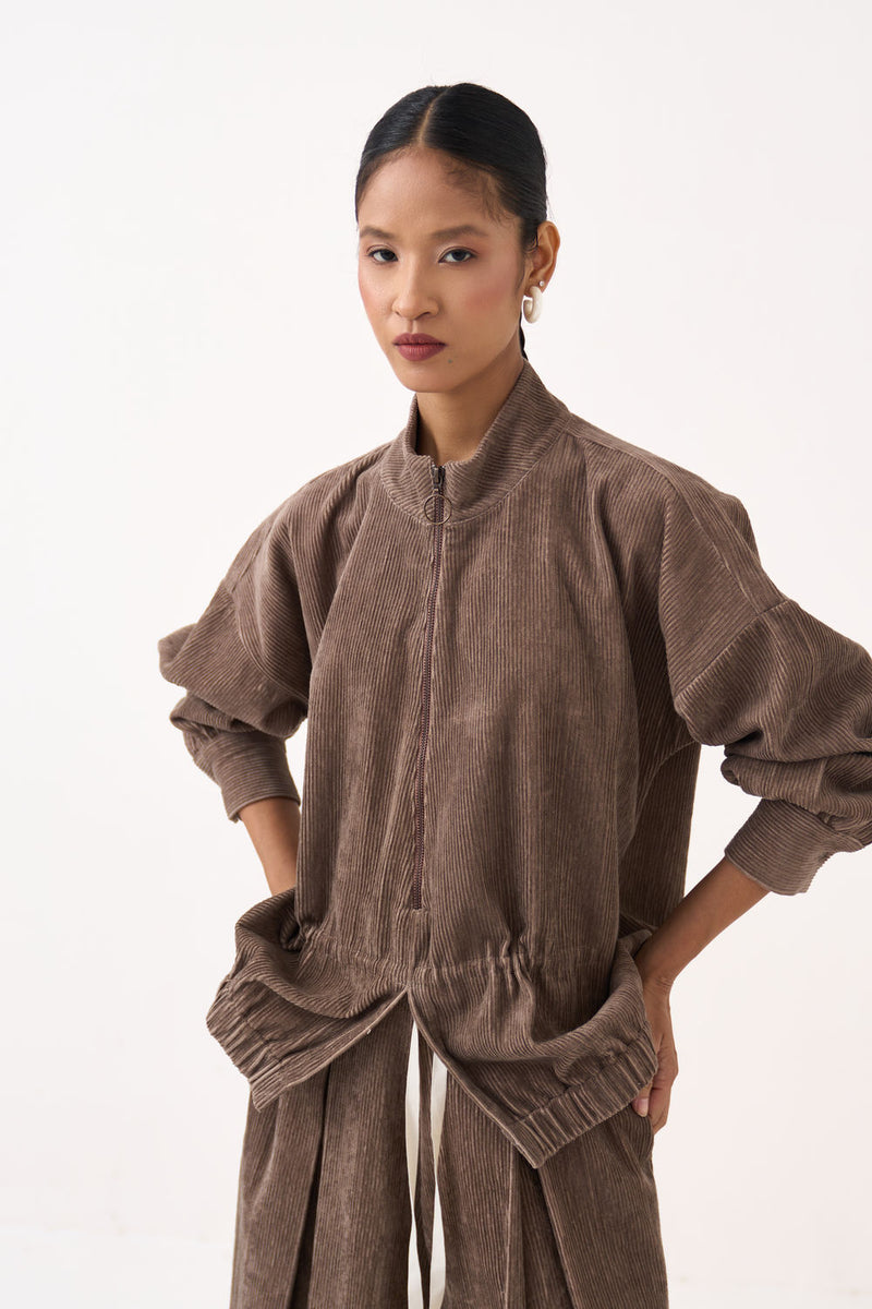 Corduroy Drawstring Top Co-Ord (Set Of 2)-Umber corduroy co-ord set by THREE in brown for women Worldwide