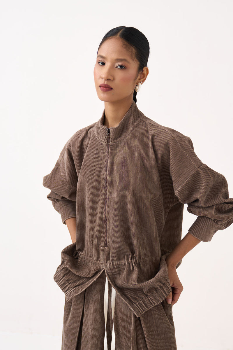 Corduroy Drawstring Top-Umber corduroy top/shirt by THREE in brown for women Worldwide