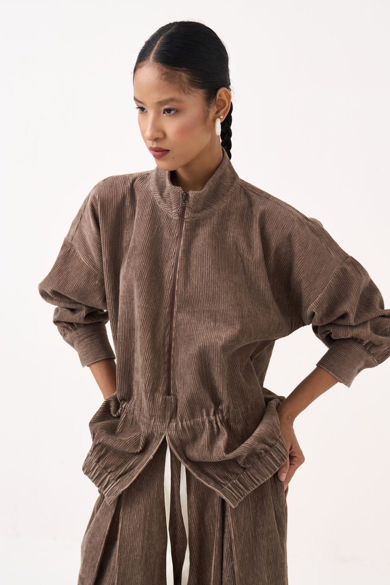 Corduroy Drawstring Top-Umber corduroy top/shirt by THREE in brown for women Worldwide