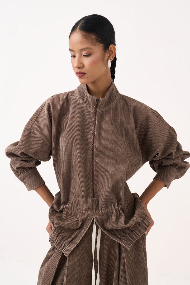 Corduroy Drawstring Top-Umber corduroy top/shirt by THREE in brown for women Worldwide
