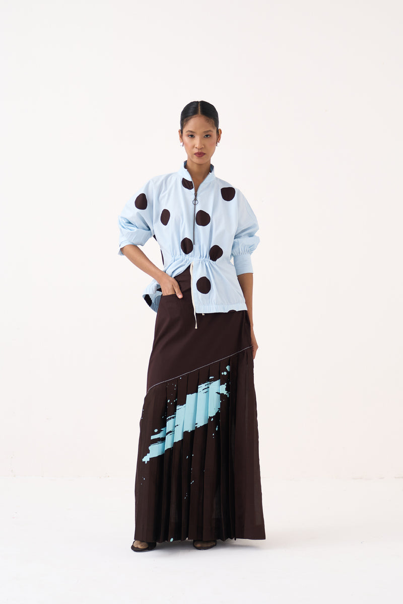 Splash Print Pleated Skirt-Cocoa Brown 100% cotton poplin skirt by THREE in dark brown for women Worldwide