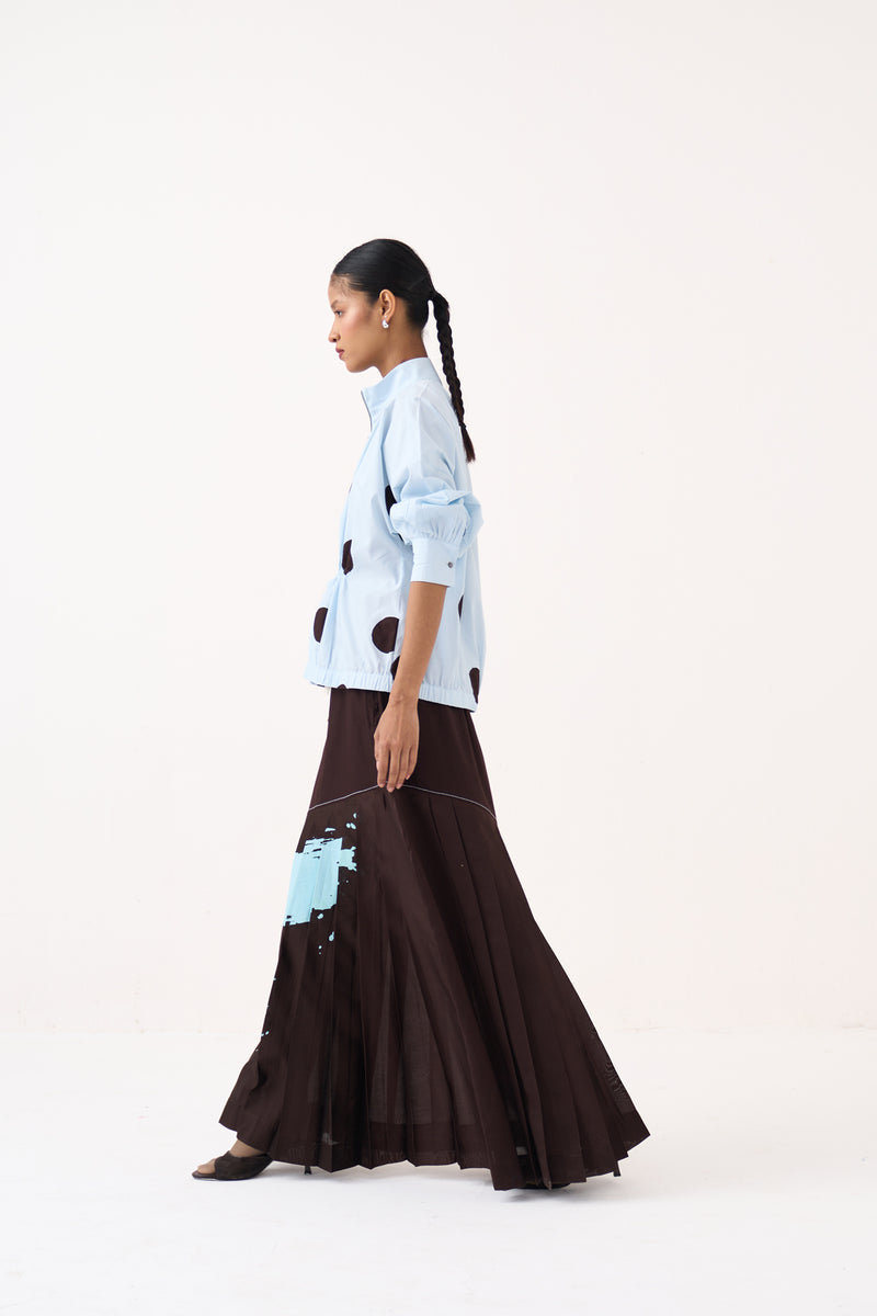 Splash Print Pleated Skirt-Cocoa Brown 100% cotton poplin skirt by THREE in dark brown for women Worldwide