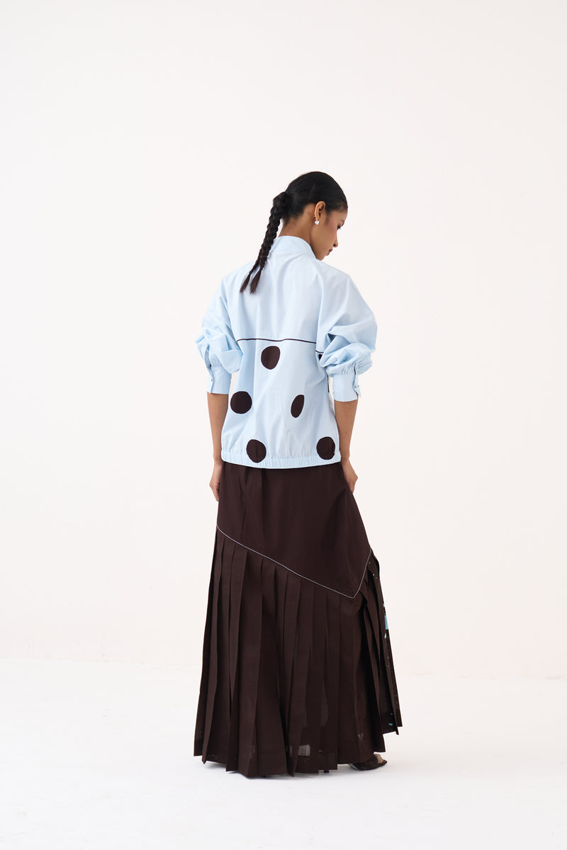Splash Print Pleated Skirt-Cocoa Brown 100% cotton poplin skirt by THREE in dark brown for women Worldwide