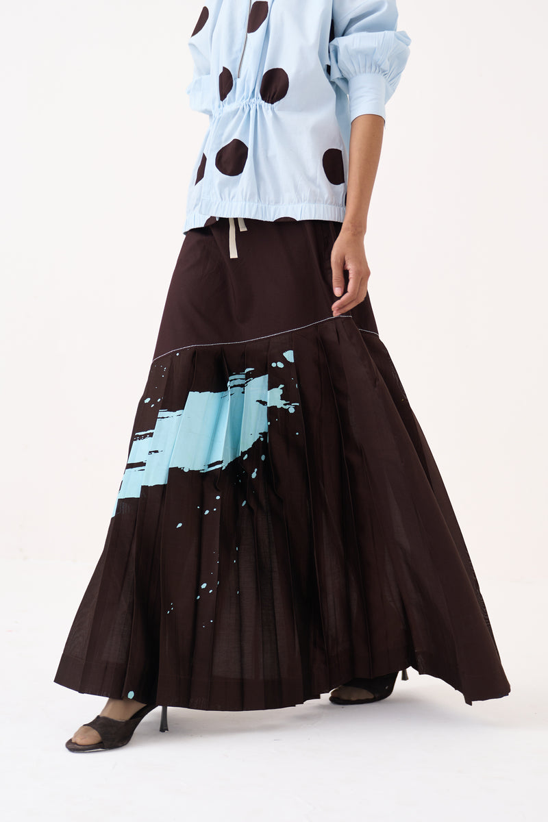 Splash Print Pleated Skirt-Cocoa Brown 100% cotton poplin skirt by THREE in dark brown for women Worldwide