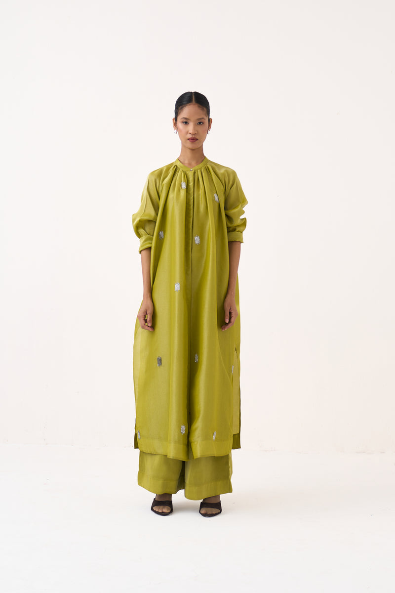 Hand Emb. Gather Neck Shirt Co-Ord (Set Of 2)-Electric Lime metallic tissue co-ord set by THREE in yellow for women Worldwide