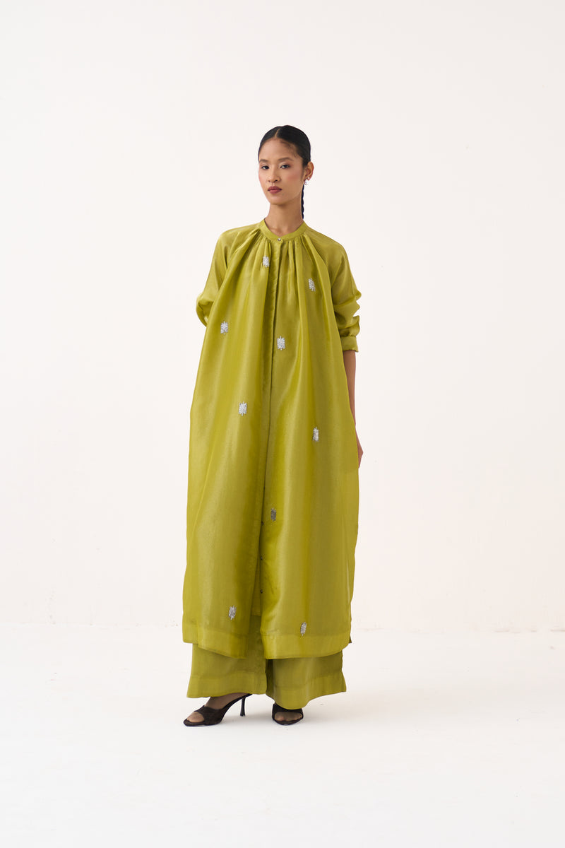 Hand Emb. Gather Neck Shirt Co-Ord (Set Of 2)-Electric Lime metallic tissue co-ord set by THREE in yellow for women Worldwide