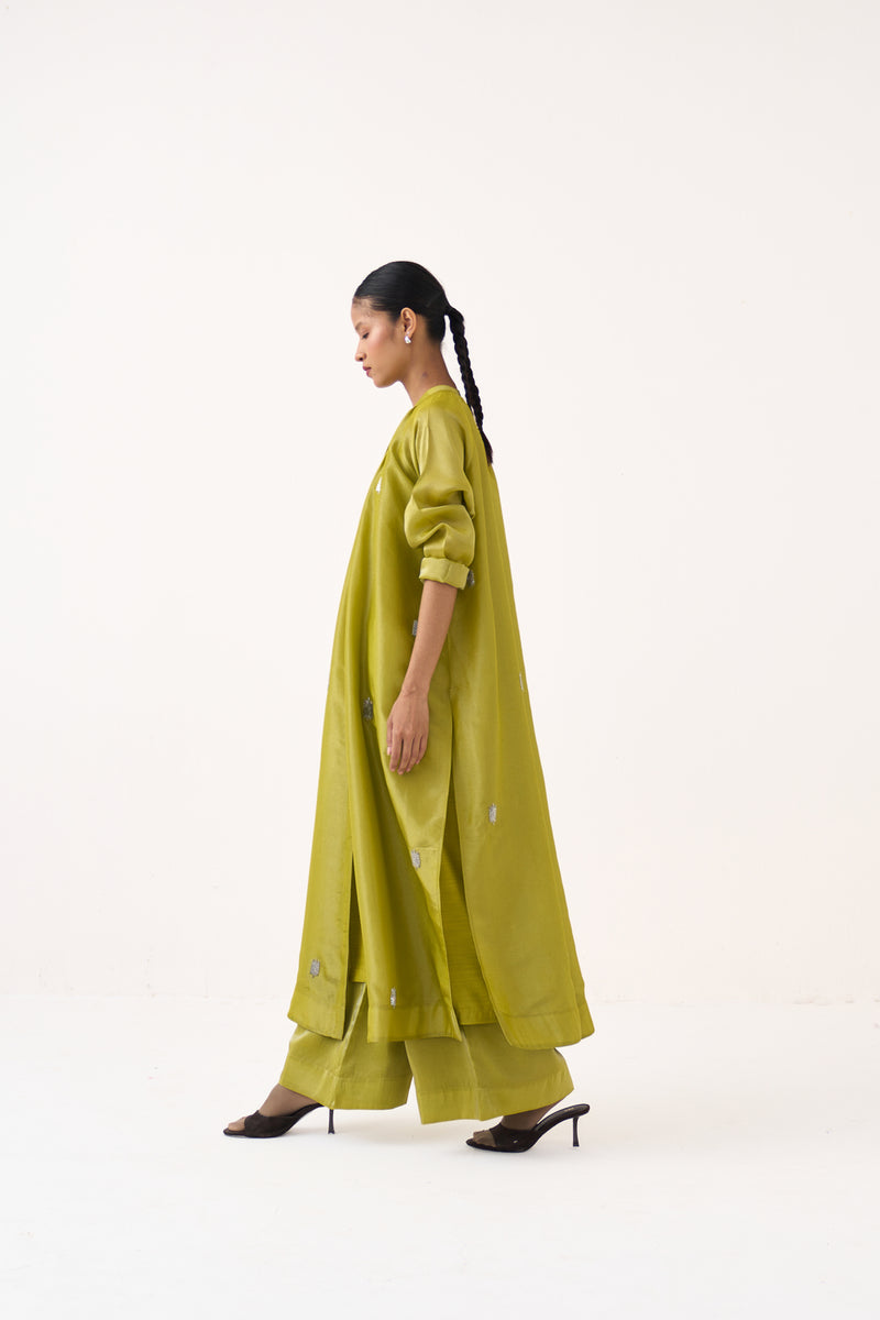 Hand Emb. Gather Neck Shirt Co-Ord (Set Of 2)-Electric Lime metallic tissue co-ord set by THREE in yellow for women Worldwide