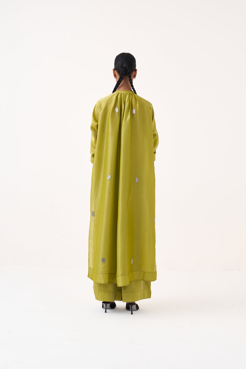 Hand Emb. Gather Neck Shirt Co-Ord (Set Of 2)-Electric Lime metallic tissue co-ord set by THREE in yellow for women Worldwide