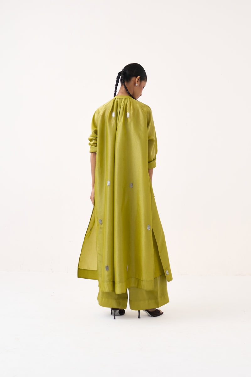 Hand Emb. Gather Neck Shirt Co-Ord (Set Of 2)-Electric Lime metallic tissue co-ord set by THREE in yellow for women Worldwide