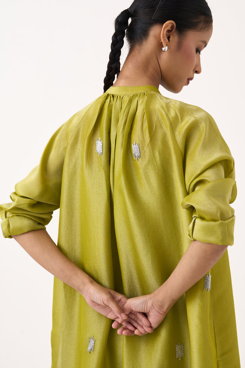 Hand Emb. Gather Neck Shirt Co-Ord (Set Of 2)-Electric Lime metallic tissue co-ord set by THREE in yellow for women Worldwide