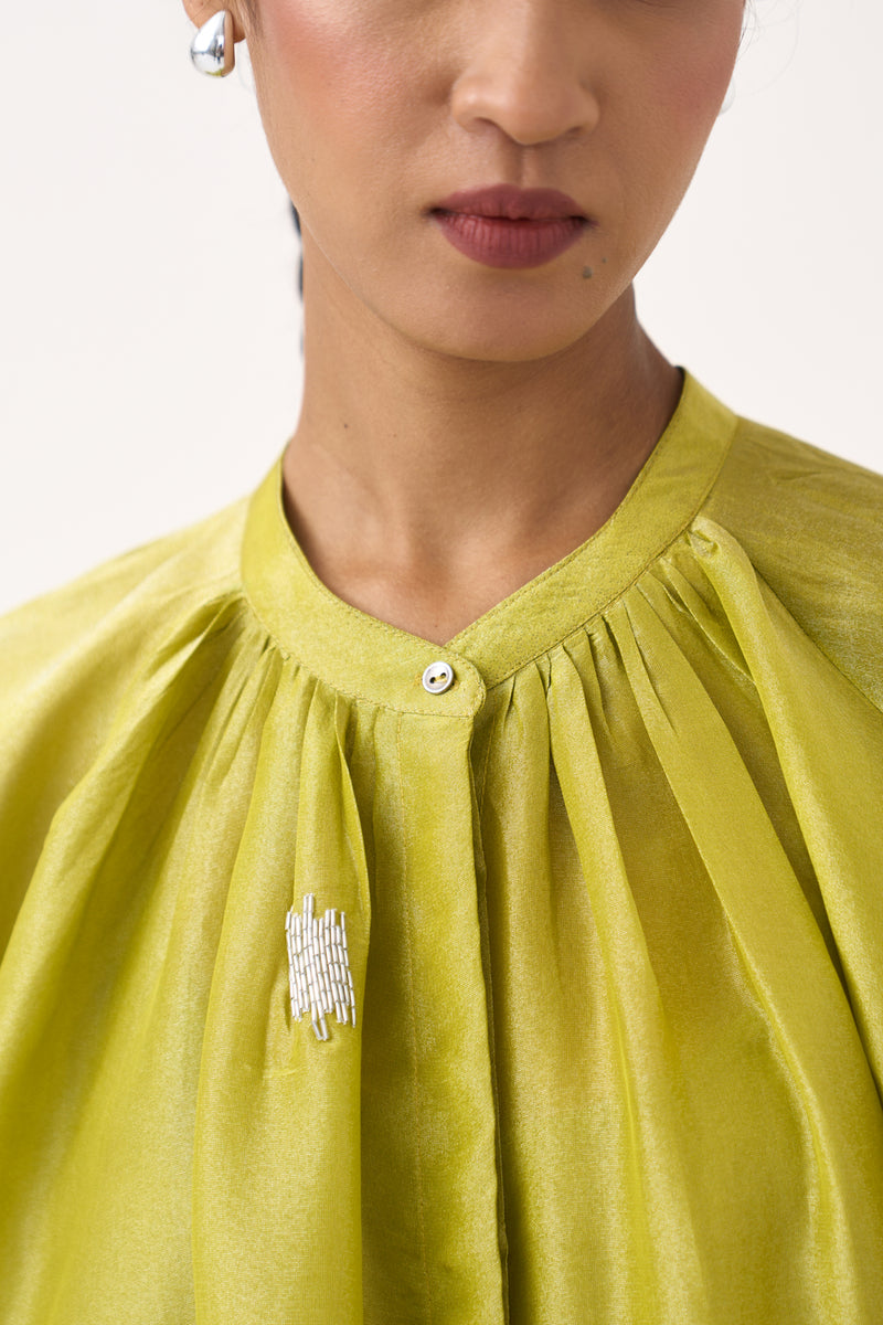 Hand Emb. Gather Neck Shirt Co-Ord (Set Of 2)-Electric Lime metallic tissue co-ord set by THREE in yellow for women Worldwide