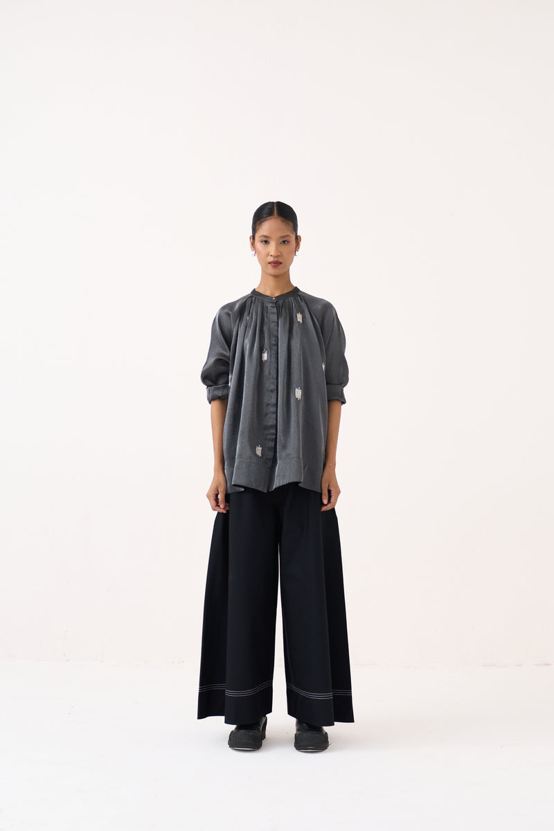 Hand Emb. Peasant Top Co-Ord (Set Of 2)-Graphite metallic tissue, 100% cotton poplin co-ord set by THREE in grey for women Worldwide